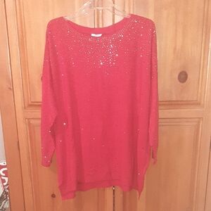 Women's Red Embellished Boatneck Sweater Top